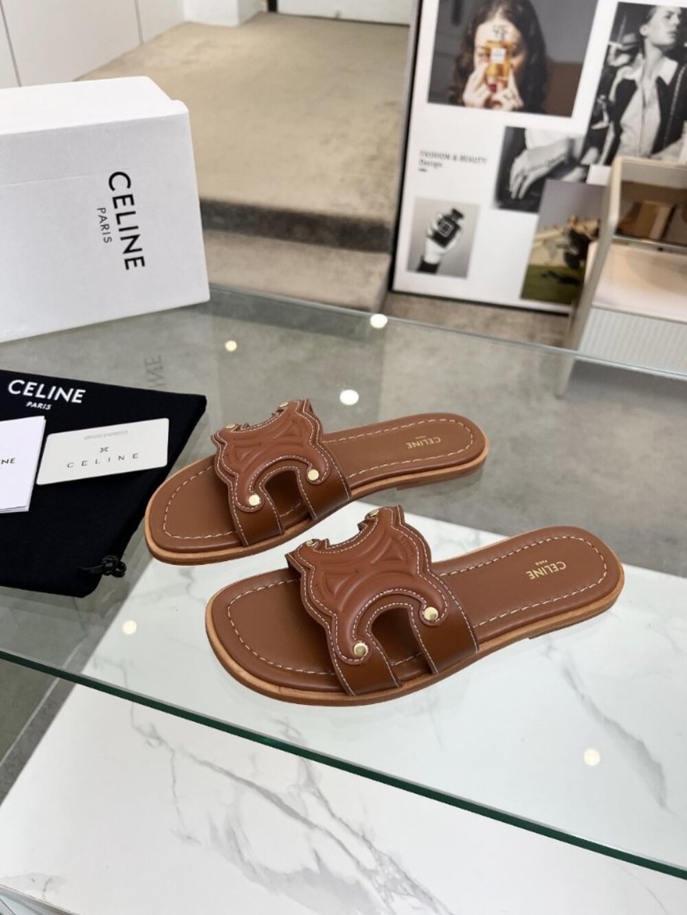 Celine Tan Leather Triomphe Flat Slide Sandals - Picture 3 of 6